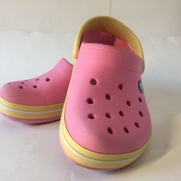 Girls Crocs Pink and Yellow Clogs Size J 1 Kids Shoes Original - Picture 3 of 14